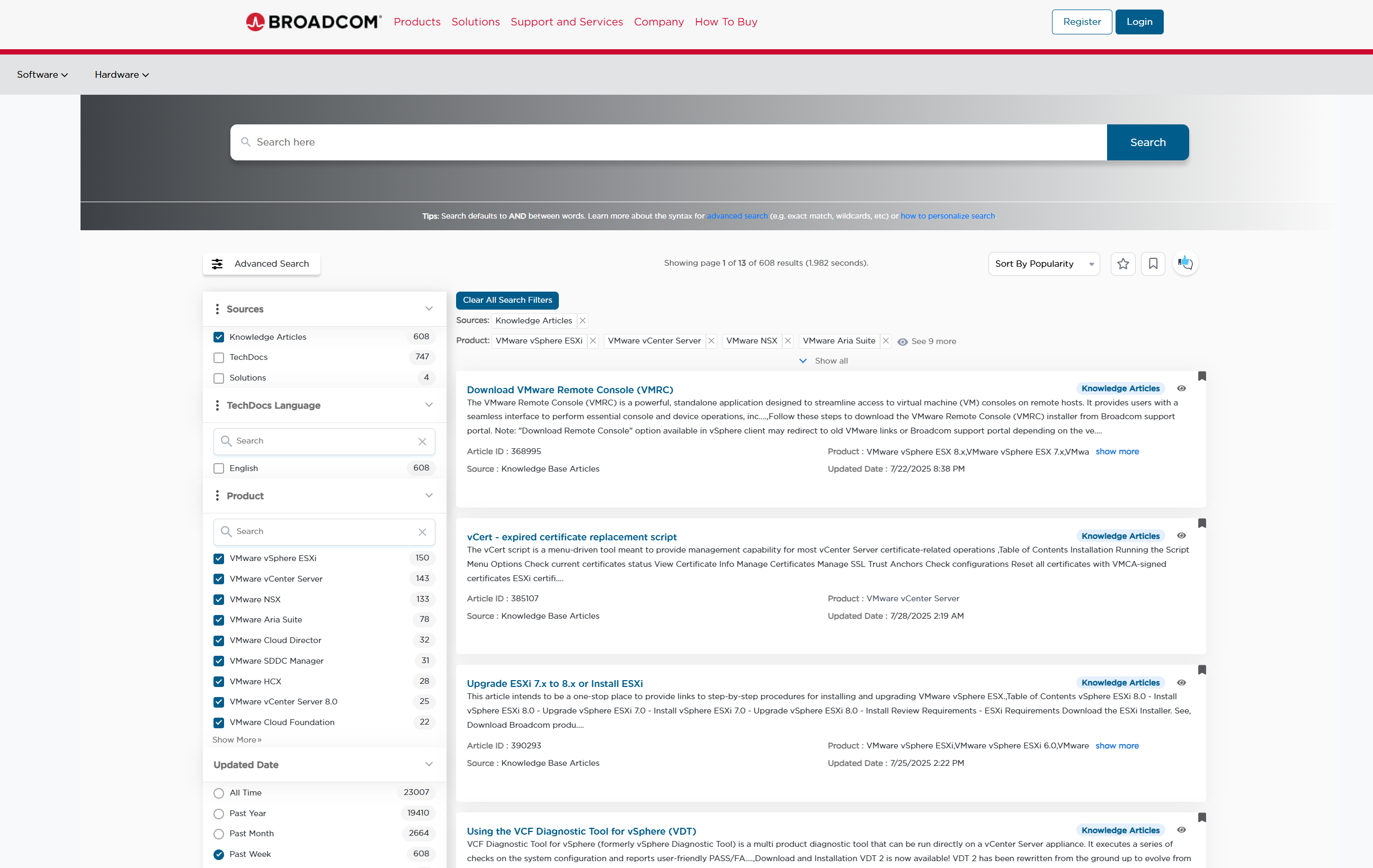 Screenshot of Broadcom Support portal listing knowledge base articles published within the week prior to this post